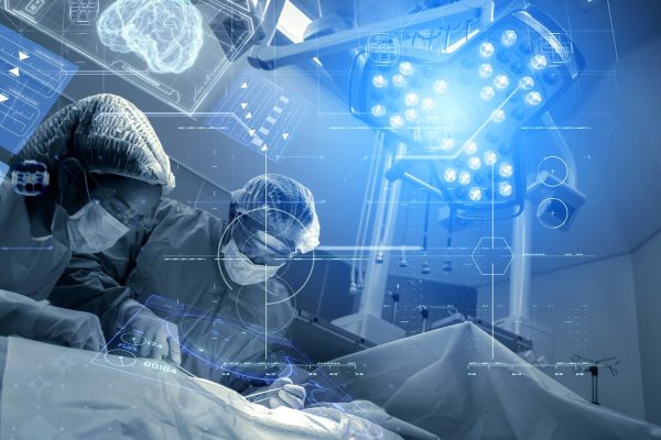 Operating room Doctor or Surgeon anatomy on Advanced robotic surgery machine futuristic virtual interface, robotic surgery are precision, miniaturisation future of tomorrow healthcare and wellness